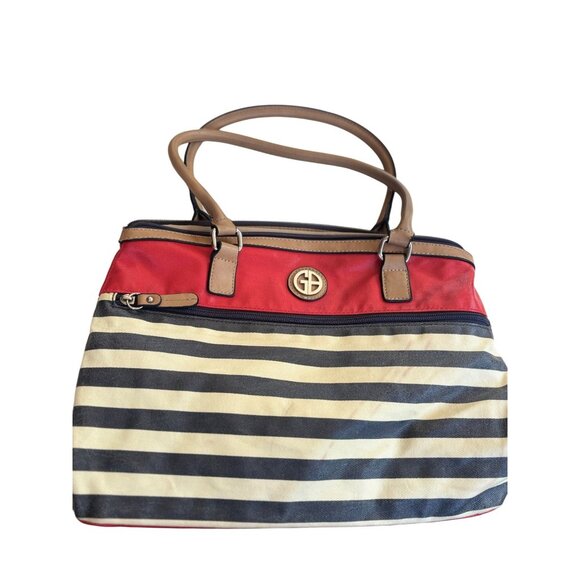 Giani Bernini Red & Black Striped Tote Bag With Tan Handles - Picture 1 of 9